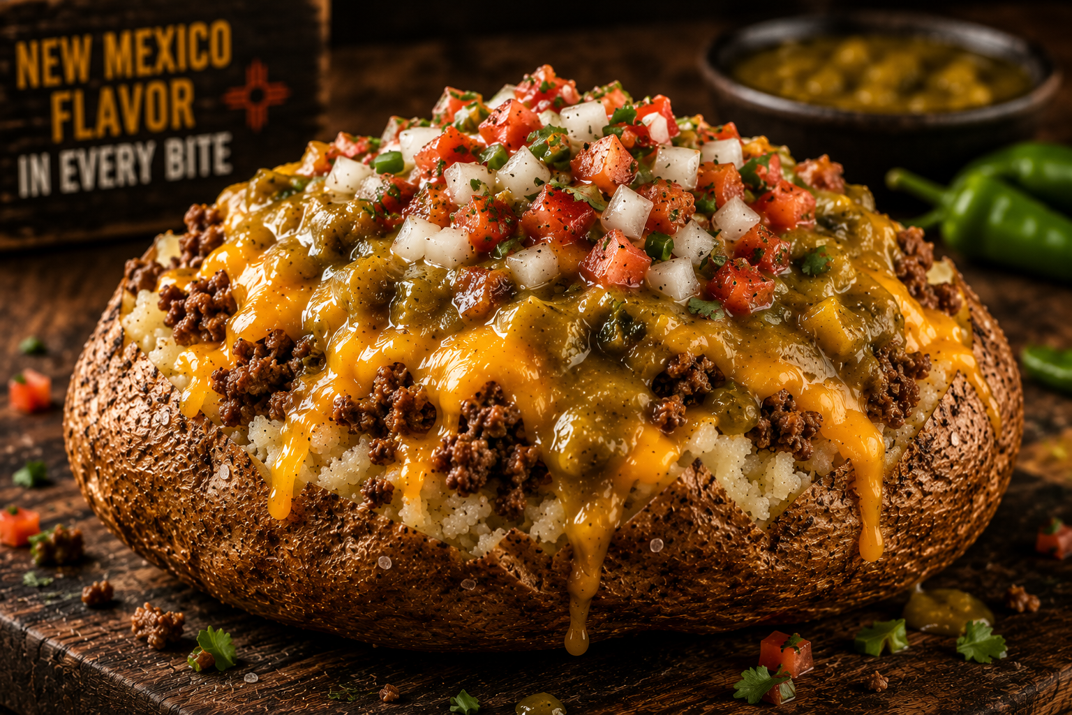 Green Chile Cheeseburger loaded baked potato