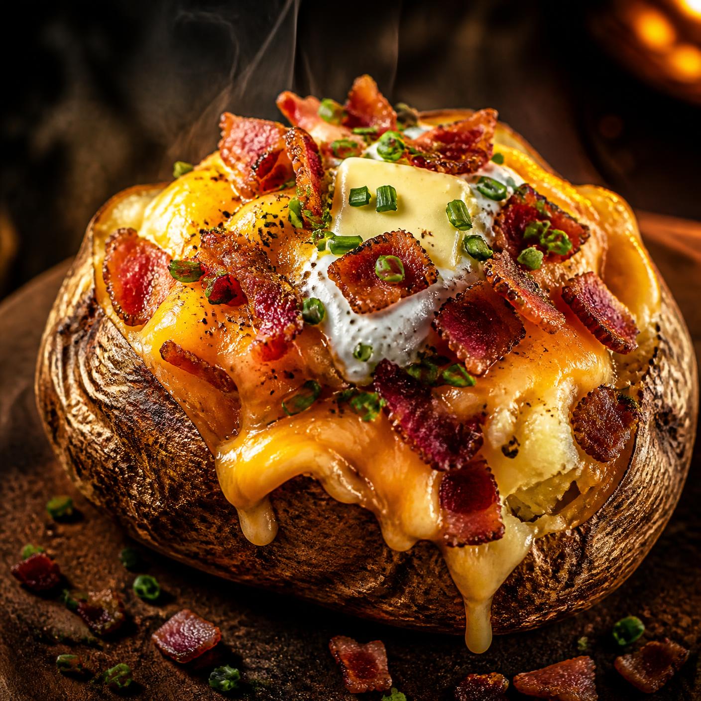 Loaded baked potato with cheese, bacon and chives